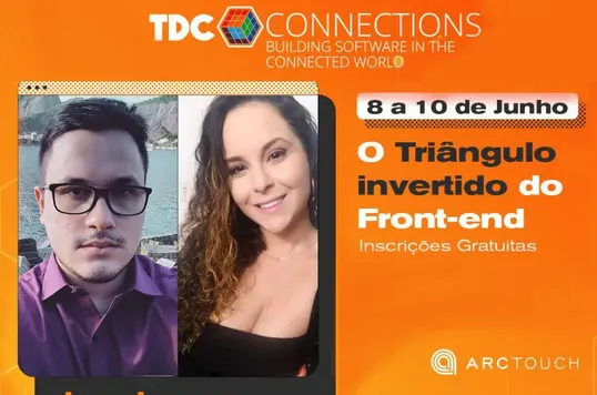 This image contains the logo for TDC, two white people, a male and female, which are looking are the presenters, and the title "The inverted triangle of Front-end" written in portuguese.